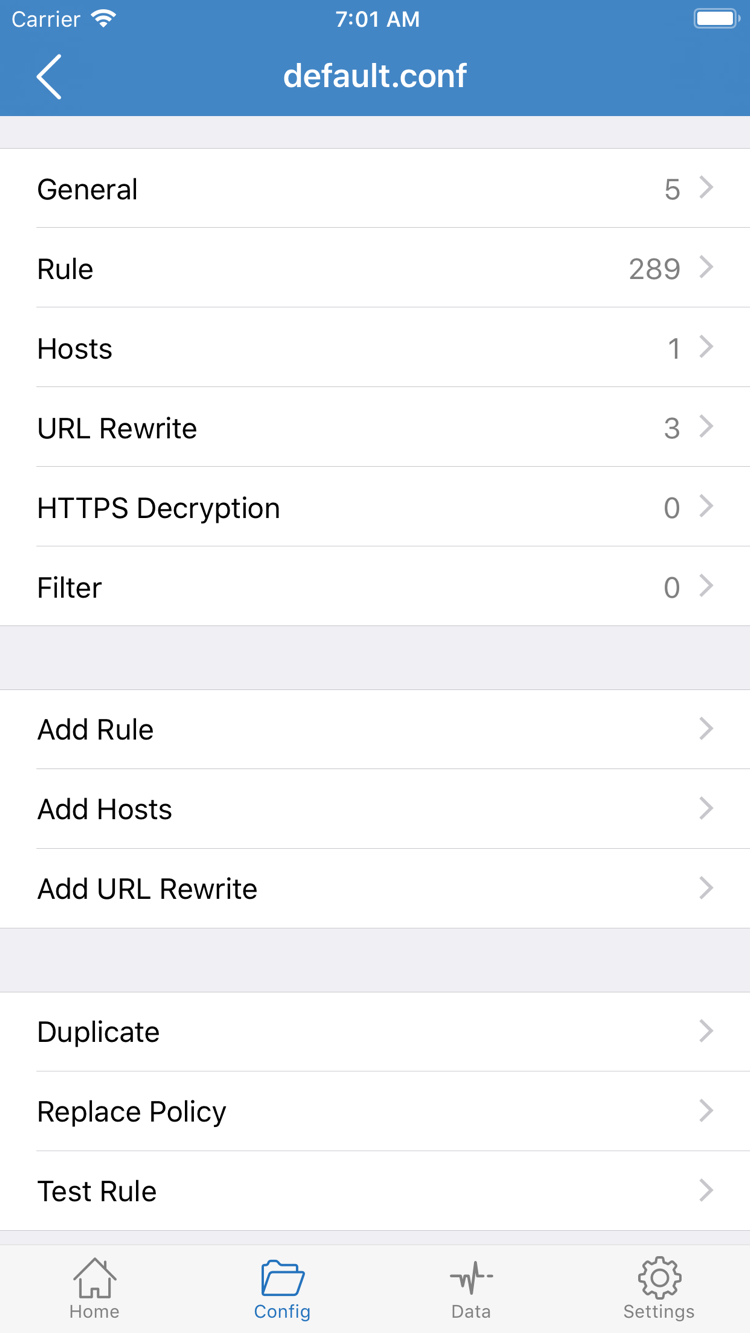 Shadowrocket Config editor showing the General, Rule, Hosts, URL Rewrite, and HTTPS Decryption sections and Add Rule