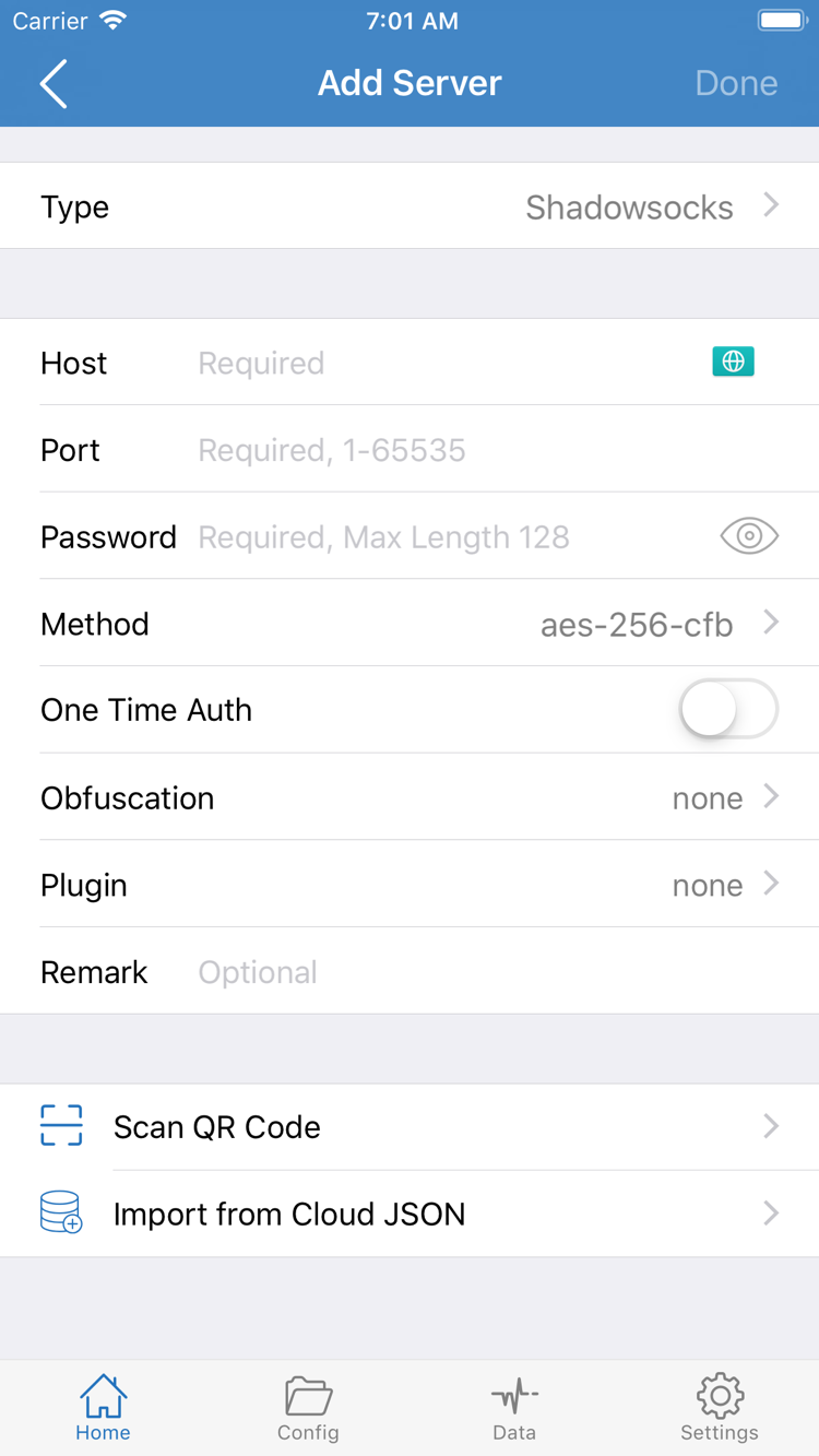Shadowrocket Add Server screen showing Type, Host, Port, Password, Method, and import options at the bottom